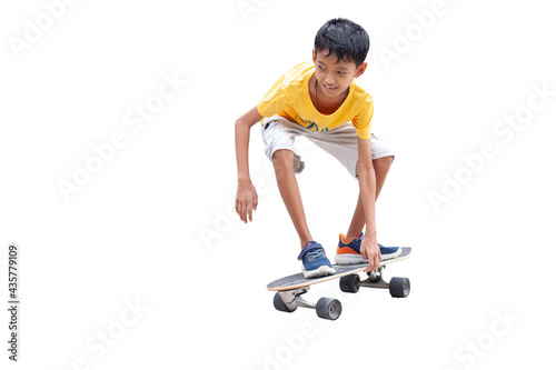 Asian boy having fun with surfboards or surf skate is relaxing lifestyle on holiday isolated on white background.