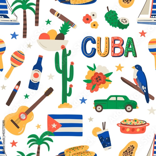 Seamless Cuban pattern with Cuba touristic symbols on white background. Endless repeating texture with Caribbean rum, Havana cigar, food, and plants. Colored flat vector illustration for printing