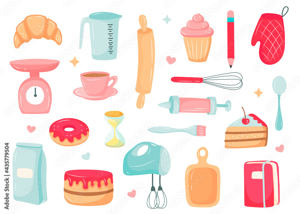 kitchen set, cooking desserts, kitchen items. vector illustration in cartoon style kitchen set, cooking desserts, kitchen items. vector illustration in cartoon style