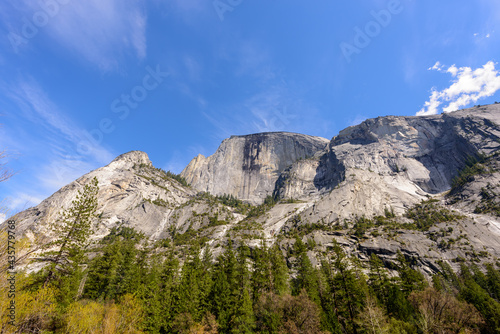 Low point wide angle view of Half Dome and North Dome, Yosemite National Park