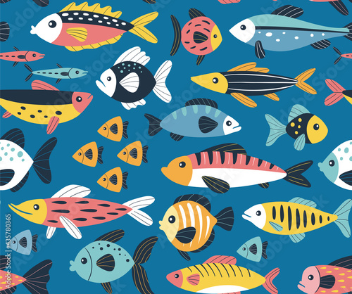 Swimming fishes seamless pattern. Sealife concept. Colorful hand-drawn vector illustration on blue background.