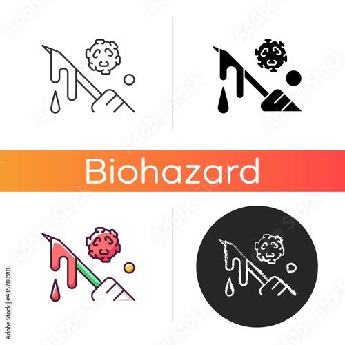 Blood icon. Hospital waste transmitting infectious material. Biological risk for people health. Biomedical trash. Linear black and RGB color styles. Isolated vector illustrations
