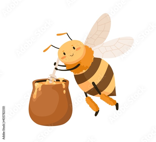 Cute happy bee with honey pot and dipper in paws. Sweet smiling honeybee with adorable face. Childish colored flat cartoon vector illustration of lovely insect isolated on white background