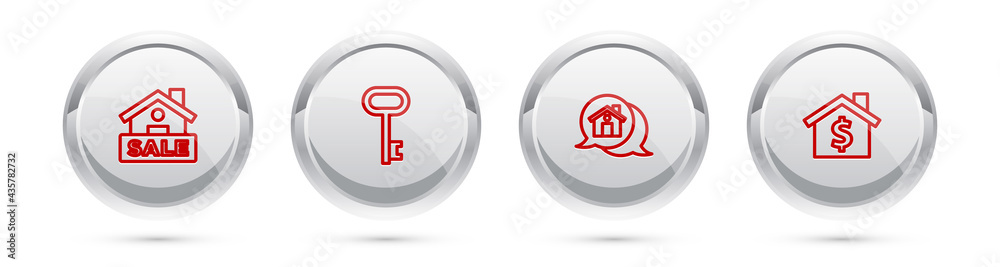 Set line Hanging sign with Sale, House key, Real estate message house and dollar symbol. Silver circle button. Vector