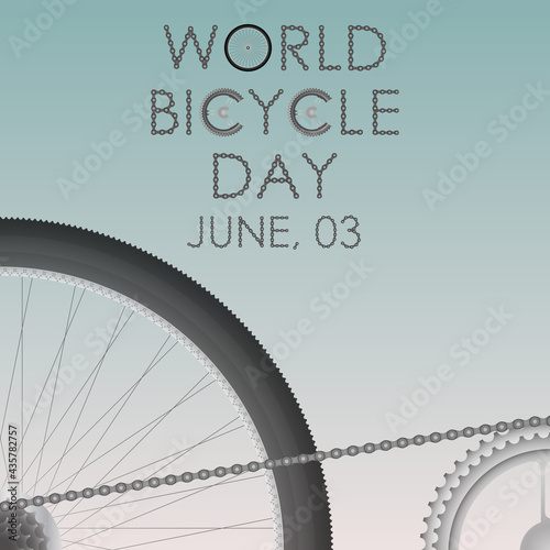 Close up wheel and chain of a bicycle isolated on blue white background. World Bicycle Day concept. Vector illustration.