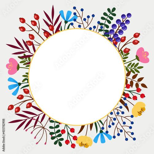 Template for greeting card, poster, banner. Decorated with beautiful flowers and leaves. Vector illustration.