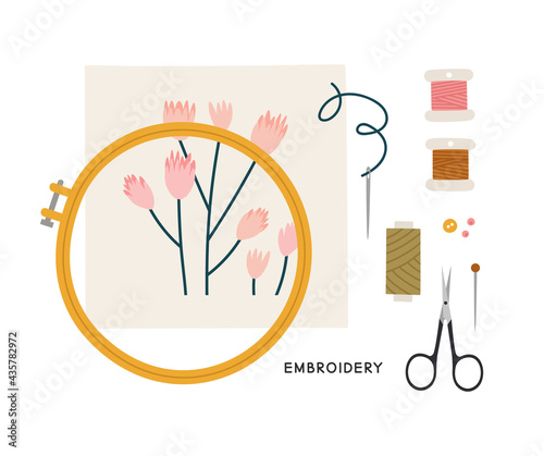 Vector illustration of the embroidery hoop, textile with embroidered flowers, needle, thread, scissors. Hand-drawn illustration in flat style isolated on white background. Embroidery hobby concept.