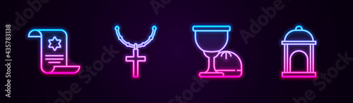 Set line Torah scroll, Christian cross on chain, Holy grail chalice and Muslim Mosque. Glowing neon icon. Vector