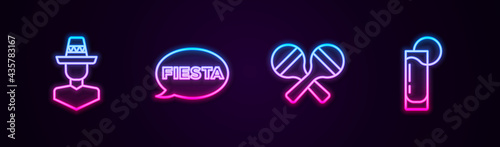 Set line Mexican man sombrero, Fiesta, Maracas and Tequila glass with lemon. Glowing neon icon. Vector