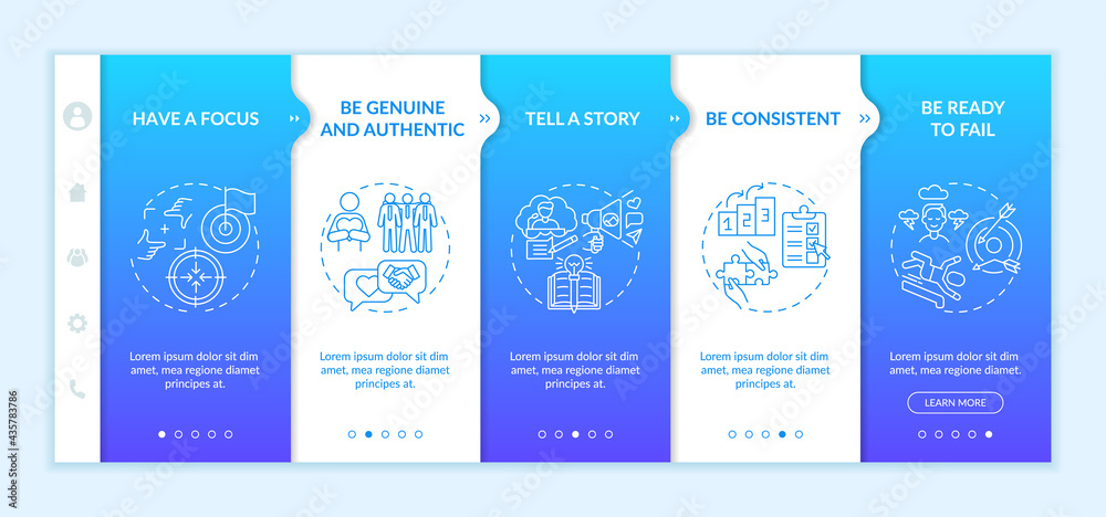 Personal branding rules onboarding vector template. Responsive mobile website with icons. Web page walkthrough 5 step screens. Opinion leader color concept with linear illustrations