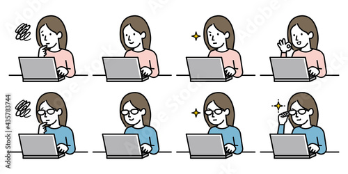 ノートパソコンを操作する女性のセット