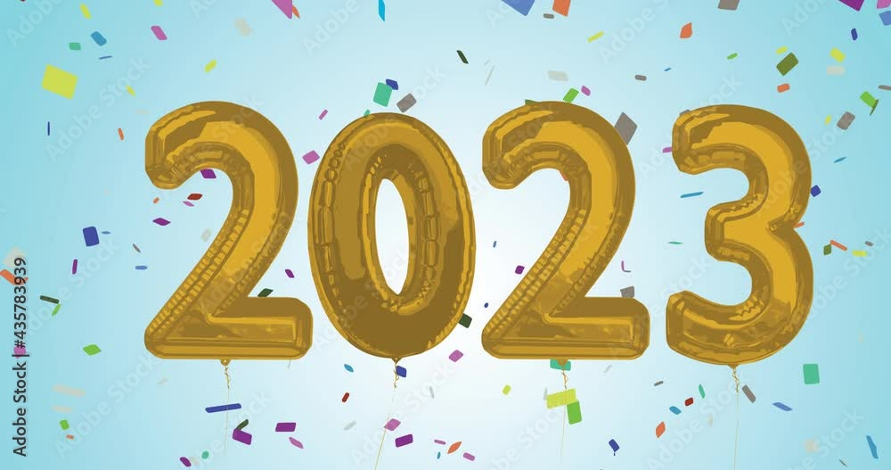 Animation of 2023 gold balloon numbers and confetti on blue background Animation of 2023 gold balloon numbers and confetti on blue background
