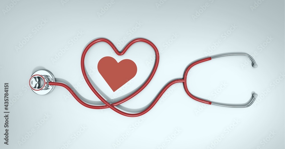 Composition of red heart and stethoscope with copy space on white background Composition of red heart and stethoscope with copy space on white background