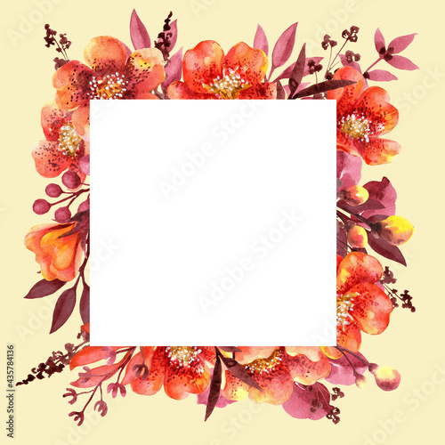 A square white frame surrounded by orange flowers and grass on a pale yellow background. 