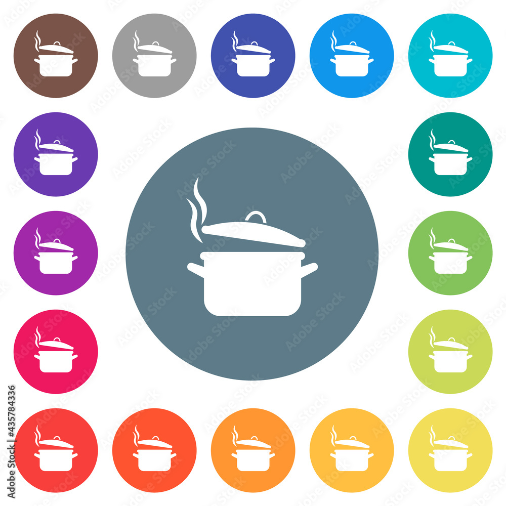 Steaming pot with lid flat white icons on round color backgrounds Steaming pot with lid flat white icons on round color backgrounds