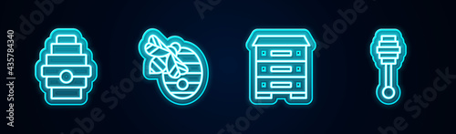 Set line Hive for bees, , and Honey dipper stick. Glowing neon icon. Vector