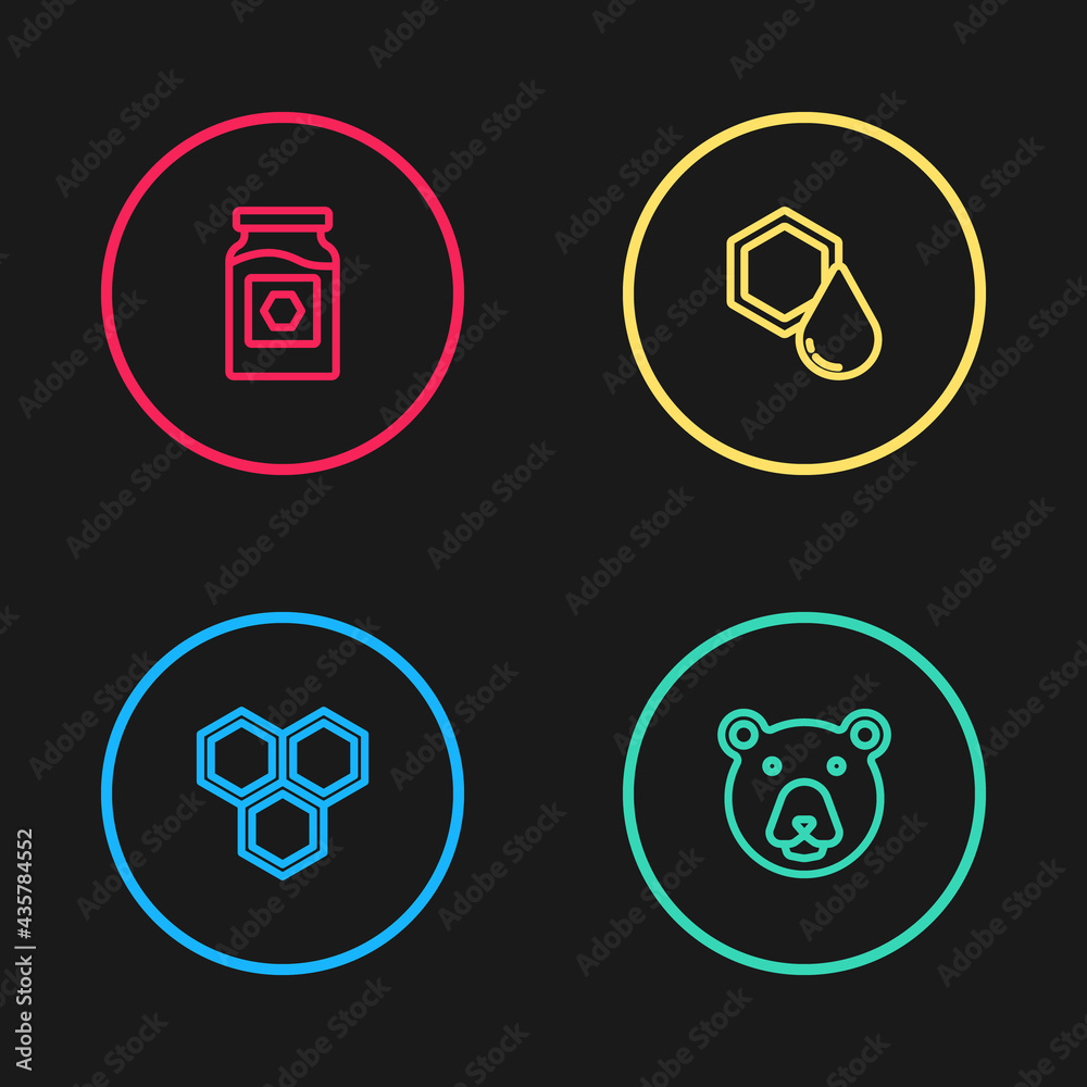 Set line Honeycomb, Bear head, and Jar of honey icon. Vector Set line Honeycomb, Bear head, and Jar of honey icon. Vector