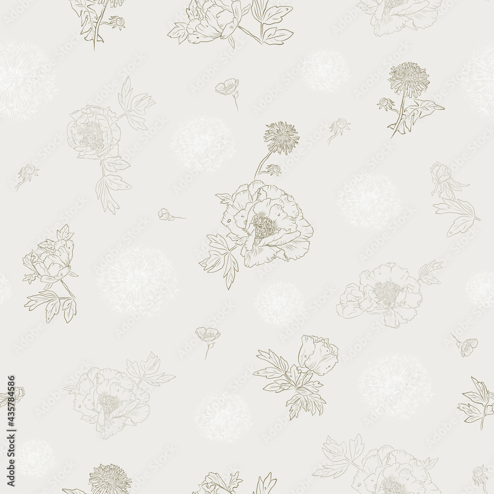 Obraz premium Seamless retro pattern with peonies and dandelions flowers. Hand-drawn style. Romantic Spring mood. Maybe use for wallpaper, textile or card, wedding design.