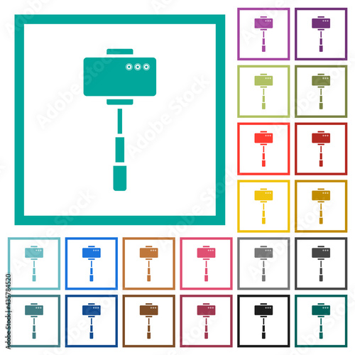 Smartphone on selfie stick back view flat color icons with quadrant frames