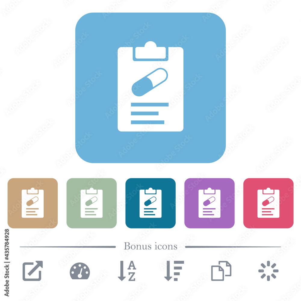 Medical prescription flat icons on color rounded square backgrounds