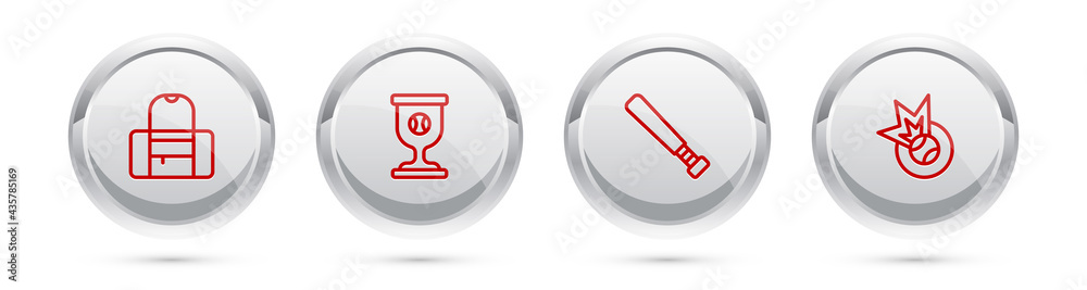 Set line Sport bag, Award cup with baseball ball, Baseball bat and . Silver circle button. Vector Set line Sport bag, Award cup with baseball ball, Baseball bat and . Silver circle button. Vector