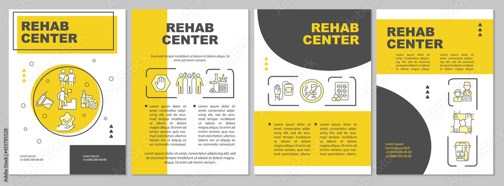 Naklejka premium Rehab center brochure template. People addiction treatment. Flyer, booklet, leaflet print, cover design with linear icons. Vector layouts for presentation, annual reports, advertisement pages