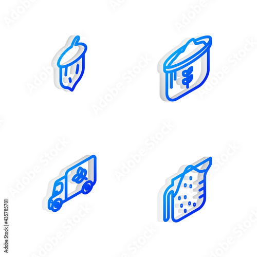 Set Isometric line Bag of flour, Acorn, oak nut, seed, Flour truck and Measuring cup icon. Vector © vector_v
