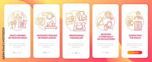 Reporting cyberharassment onboarding mobile app page screen with concepts. Trusted adult, teacher walkthrough 5 steps graphic instructions. UI, UX, GUI vector template with linear color illustrations
