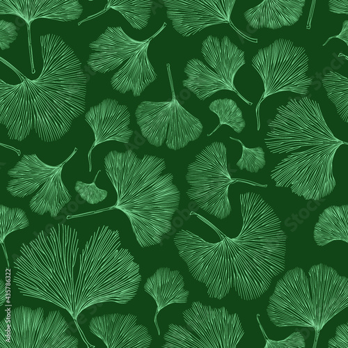 Ginkgo biloba leaf tablecloth seamless pattern. Silhouette of ginkgo leaves on dark background. Nature design