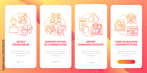 Cyberharassment prevention onboarding mobile app page screen with concepts. Detect online abuse walkthrough 4 steps graphic instructions. UI, UX, GUI vector template with linear color illustrations