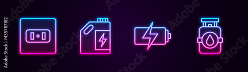 Set line Electrical outlet, Eco fuel canister, Battery and Propane gas tank. Glowing neon icon. Vector