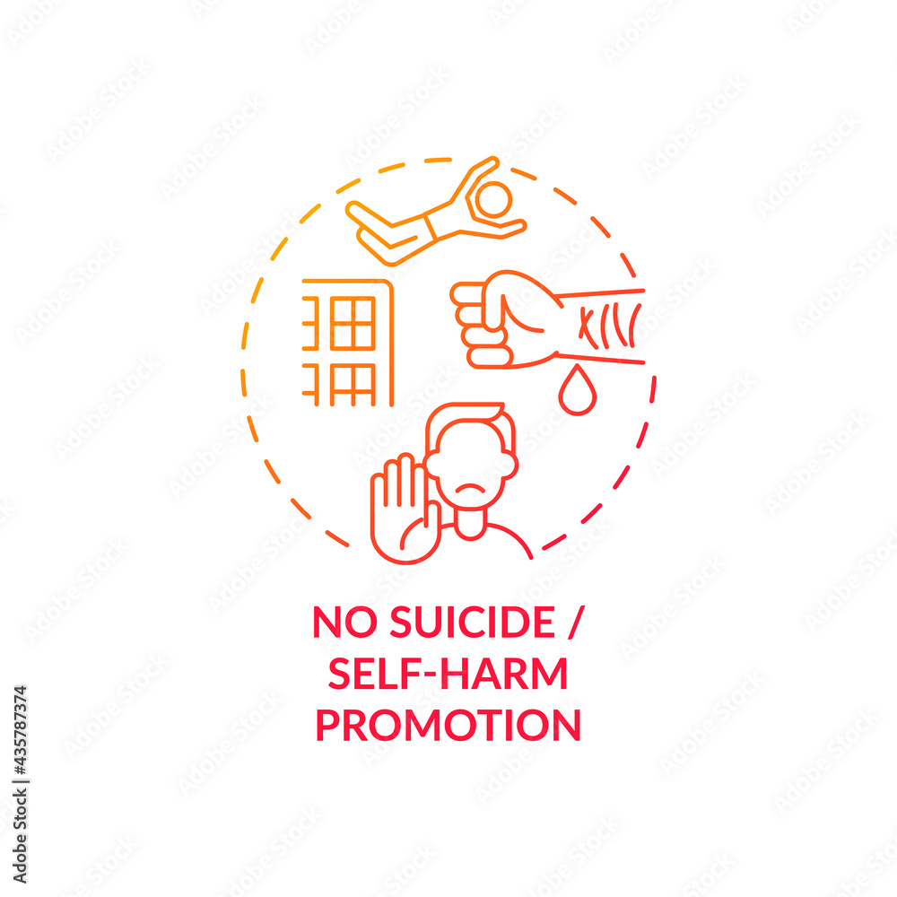No suicide and self-harm promotion concept icon. Unhealthy, suicidal behavior idea thin line illustration. Filtering potentially harmful information. Vector isolated outline RGB color drawing No suicide and self-harm promotion concept icon. Unhealthy, suicidal behavior idea thin line illustration. Filtering potentially harmful information. Vector isolated outline RGB color drawing