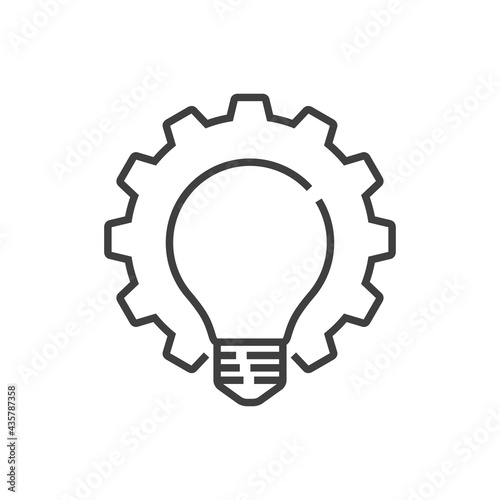 Logotipo de bombilla en engranaje con lineas en color gris