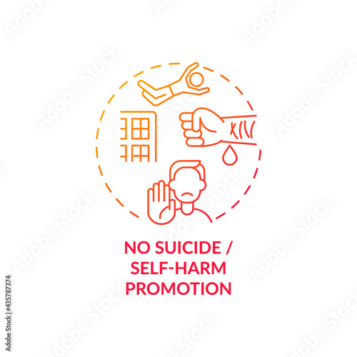 No suicide and self-harm promotion concept icon. Unhealthy, suicidal behavior idea thin line illustration. Filtering potentially harmful information. Vector isolated outline RGB color drawing