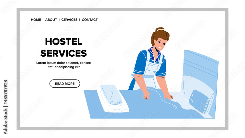 Hostel Services Worker Woman Cleaning Room Vector. Hostel Services Cleaner Making Bed And Clean Hotel Apartment Bedroom. Character Maid Lady In Uniform Web Flat Cartoon Illustration