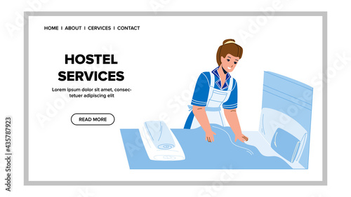 Hostel Services Worker Woman Cleaning Room Vector. Hostel Services Cleaner Making Bed And Clean Hotel Apartment Bedroom. Character Maid Lady In Uniform Web Flat Cartoon Illustration
