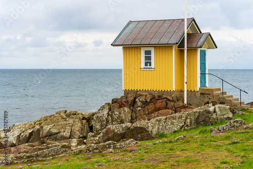 Yellow wooden hut with pink flowers on rocky coast in the seaside village of Torekov in Sweden. 