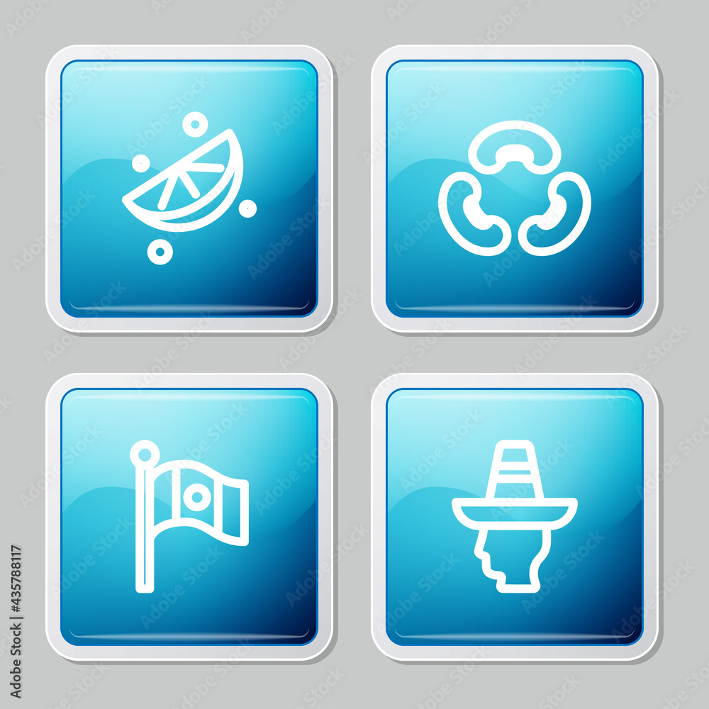 Set line Sliced lime, Beans, Mexico flag and Mexican man sombrero icon. Vector Set line Sliced lime, Beans, Mexico flag and Mexican man sombrero icon. Vector