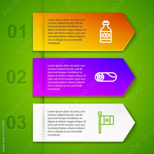 Set line Tequila bottle, Burrito and Mexico flag. Business infographic template. Vector