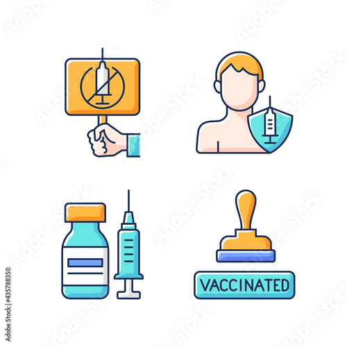 Immunization against virus RGB color icons set. Anti vaxxer protest. Adult vaccination. Approved pass for vaccinated patient. Vial with syringe. Health care and medicine. Isolated vector illustrations