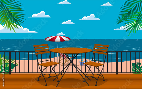 chairs and tables at the outdoor cafe on the beach