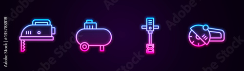 Set line Electric jigsaw, Air compressor, Electrical hand concrete mixer and Angle grinder. Glowing neon icon. Vector