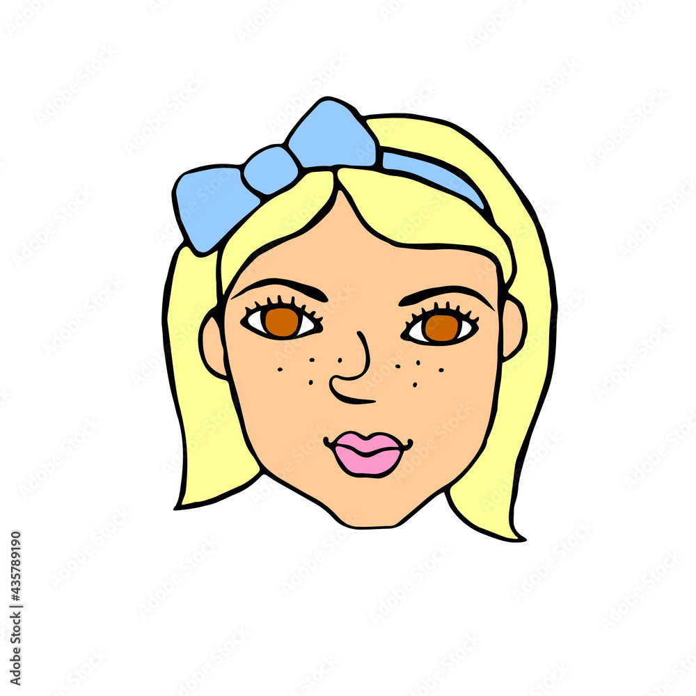 The face of a girl, woman with bow. Vector contour illustration in the style of doodle drawn by hand. Different and beautiful The face of a girl, woman with bow. Vector contour illustration in the style of doodle drawn by hand. Different and beautiful