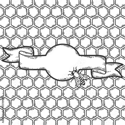 Honeycomb, ribbon and bee. Background for the production of honey. Sketch scratch board imitation color.