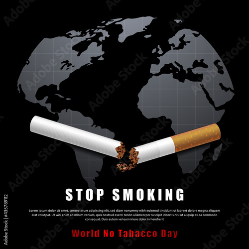 Stop smoking campaign illustration no cigarette for health broken cigarette and world map in black background