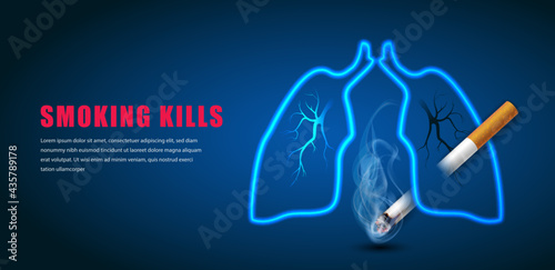 Stop smoking campaign illustration no cigarette for health cigarette puncture lung in dark blue background