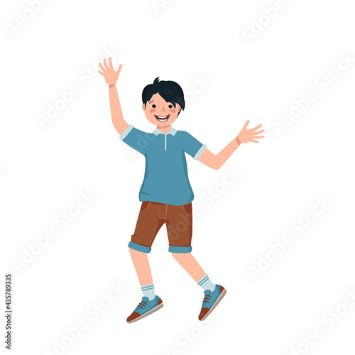 Boy with black hair, face in a shirt, shorts and sneakers smile. Happy kid spread his arms, hugs, dancing. A teenager in casual summer clothes rejoices. World international children day