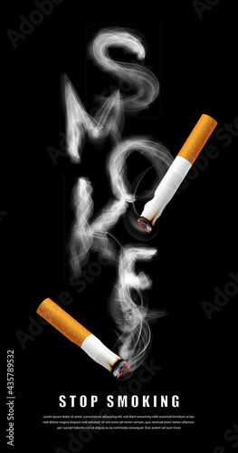 Stop smoking campaign illustration no cigarette for health cigarette smoke letters in black background