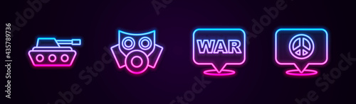Set line Military tank, Gas mask, The word war and Location peace. Glowing neon icon. Vector