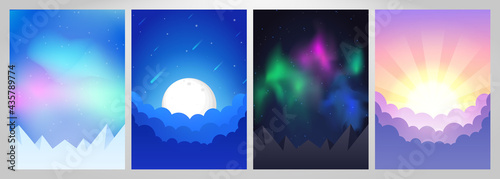 A set of nature landscapes. Minimalist graphic flat poster. Clouds, cunrise, mountains, polar ligth in the Arctic, night boreal. Cover template. UI Design for poster, book cover, banner, flyer, card